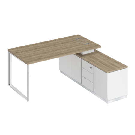 Стол руководителя на опорной тумбе правый Bravo БР 101 1800x1800x750 (Дуб гладстоун светлый / Белый премиум / Белый премиум)