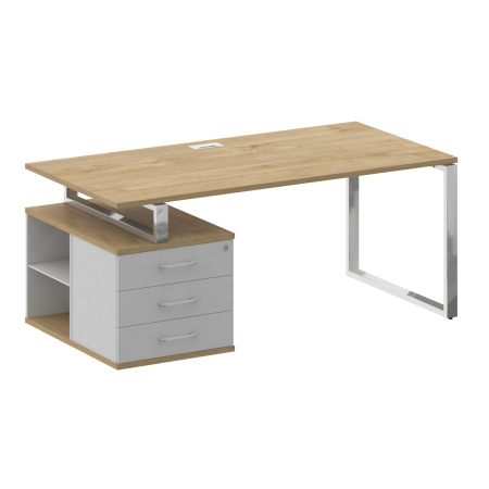 Стол руководителя с опорной тумбой, левый Shift SK.SRT-180 (L) (1800x904x753) (Тиквуд Светлый-Белый Бриллиант | Хром)