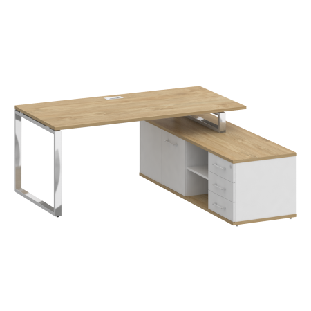 Стол руководителя с опорной греденцией, правый Shift SK.SRG-180 (R) (1800x1800x753) (Тиквуд Светлый-Белый Бриллиант | Хром)