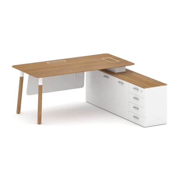 Стол руководителя Fresco FR.SR-18 (R) (1800x1798x750) (Дуб Светлый-Белый Бриллиант UM-Белый Бриллиант UM | Металл Белый-Нерж. Сталь)