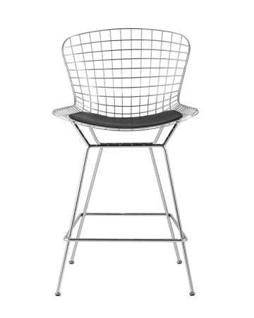 Стул полубарный с низкой спинкой Bertoia хромированный с черной подушкой (Стул полубарный Bertoia серебристый)