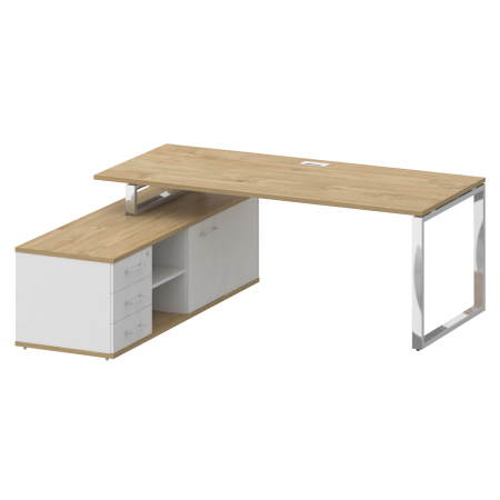 Стол руководителя с опорной греденцией, левый Shift SK.SRG-200 (L) (2000x1800x753) (Тиквуд Светлый-Белый Бриллиант | Хром)