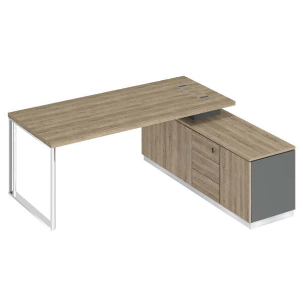 Стол руководителя на опорной тумбе правый Bravo БР 102 2000x1800x750 (Дуб гладстоун светлый / Антрацит премиум / Дуб гладстоун светлый)