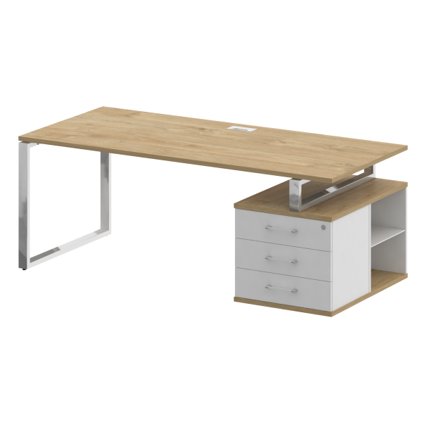 Стол руководителя с опорной тумбой, правый Shift SK.SRT-200 (R) (2000x904x753) (Тиквуд Светлый-Белый Бриллиант | Хром)