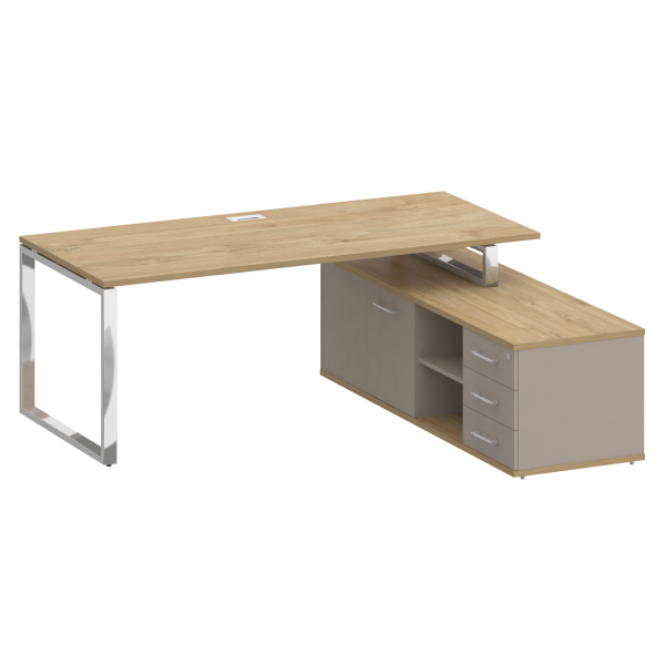 Стол руководителя с опорной греденцией, правый Shift SK.SRG-200 (R) (2000x1800x753) (Тиквуд Светлый-Капучино | Хром)